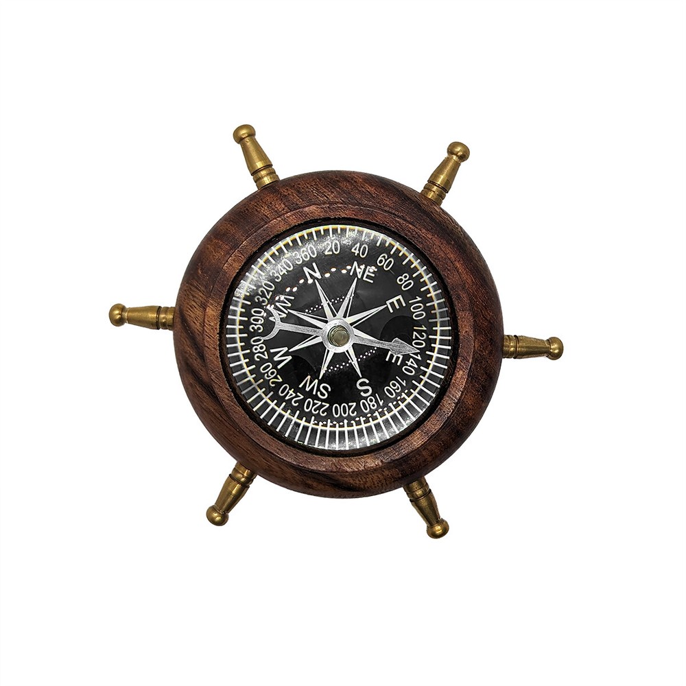 Captains Desk Wooden Brass Shipwheel Compass Nautical Paper Weight Office Decor