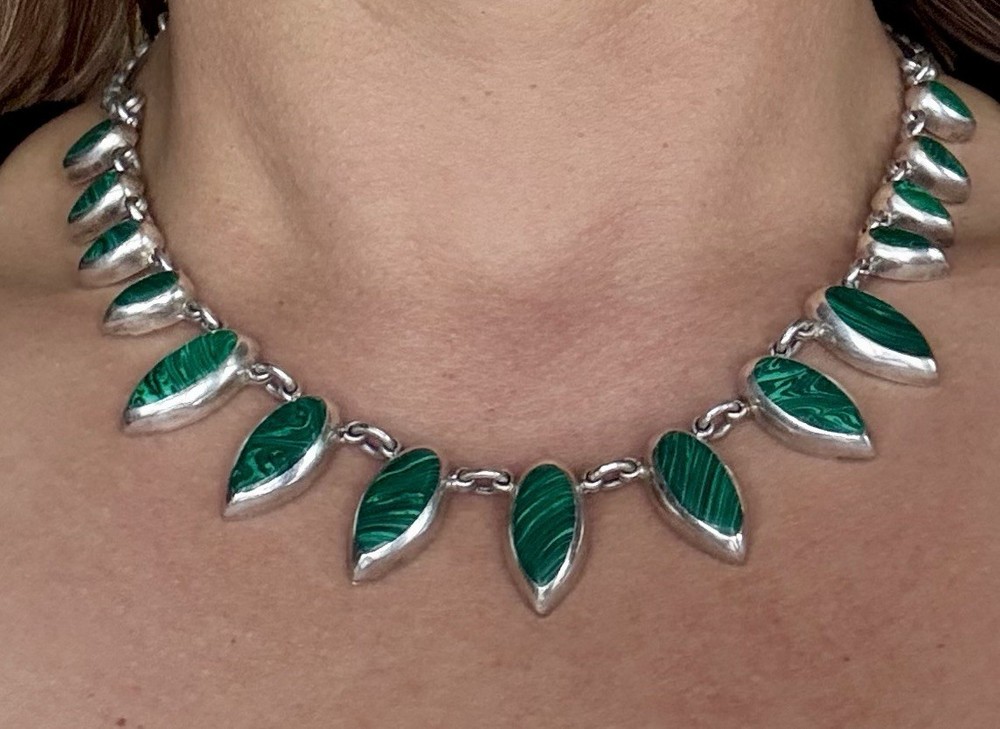 925 Mexican Sterling Silver Necklace with Matching Earrings Malachite Gemstone