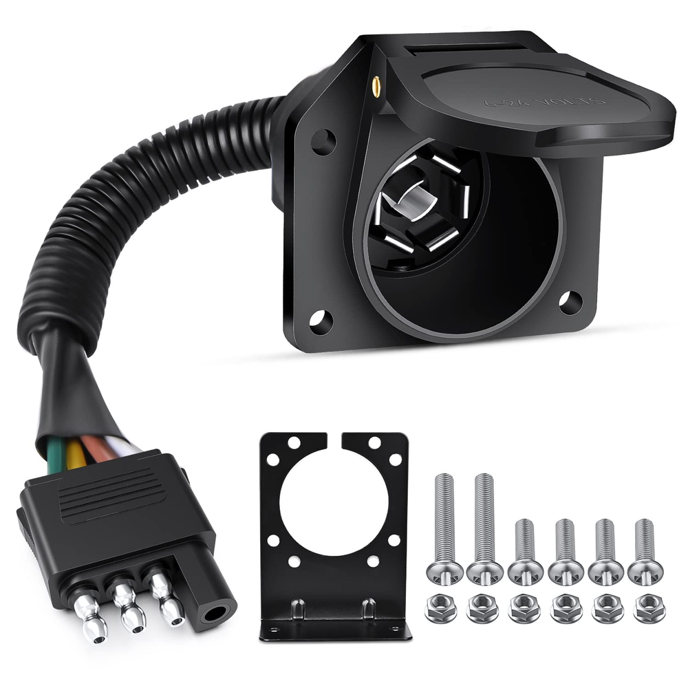 4-Way Flat to 7-Way RV Trailer Adapter with Mounting Bracket & Hardware  