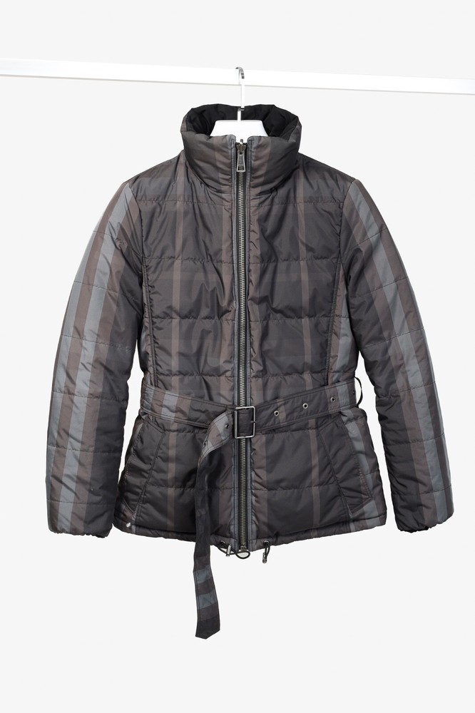 Burberry Brit Grey-Check Reversible Belted Goose Down Puffer Jacket, Size S