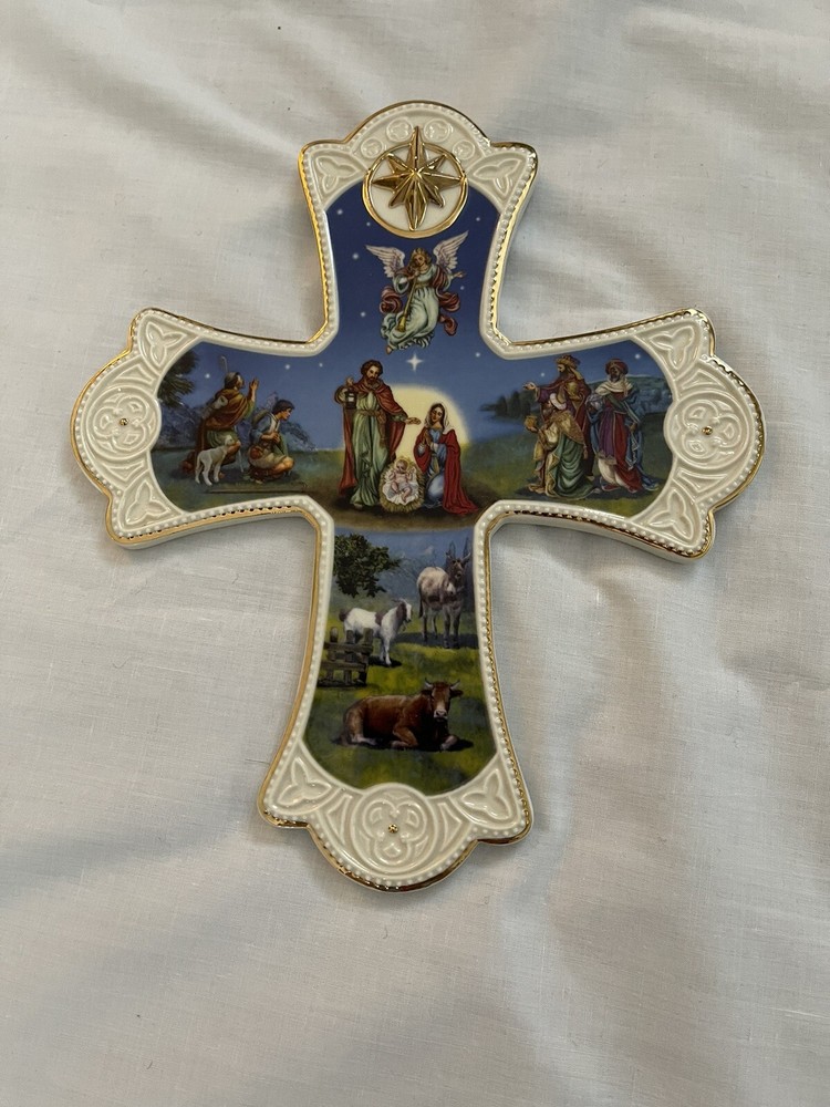 Vtg Glory Of Nativity Cross Porcelain Lennox Wall Hanging Colorful. Christmas
