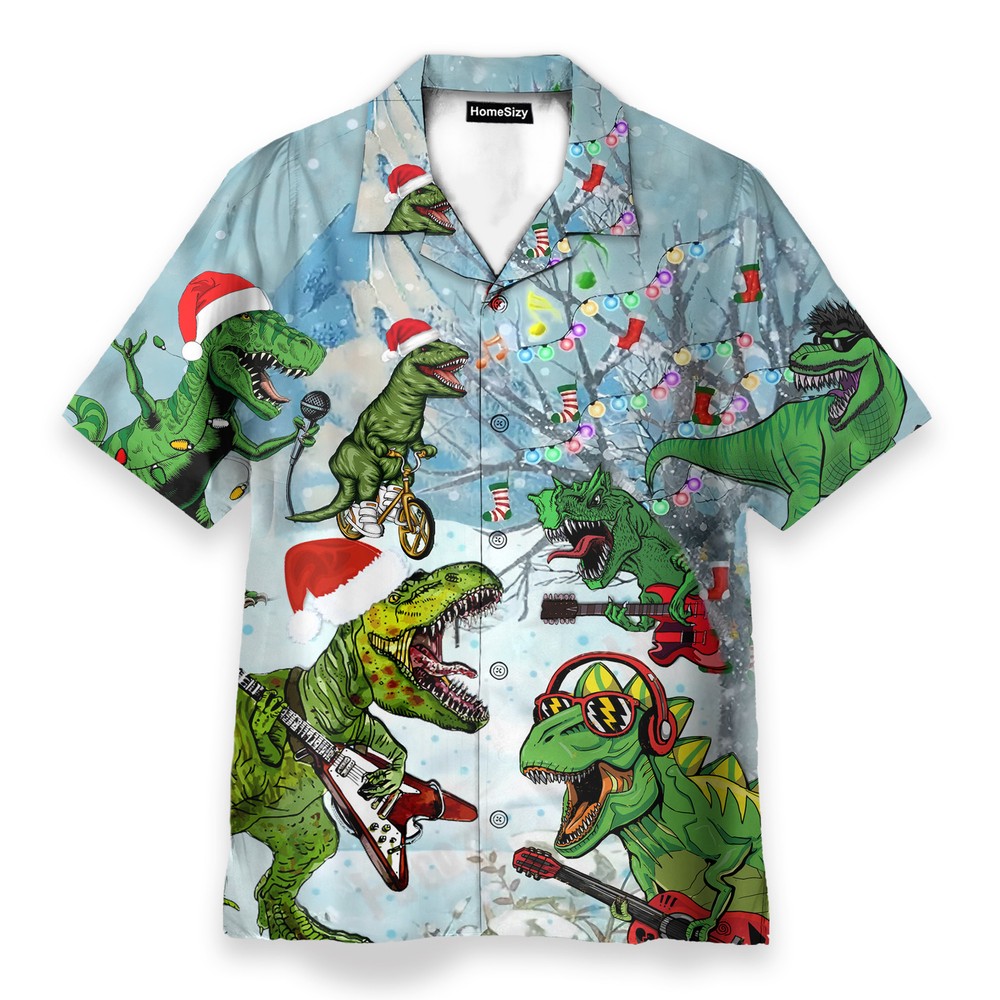 Dinosaur T-Rex Playing Guitar Christmas Hawaiian Shirt