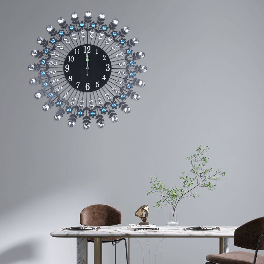 Modern Crystal Wall Clock Black 23.62inch Non Ticking Silent Clock Wall Decor