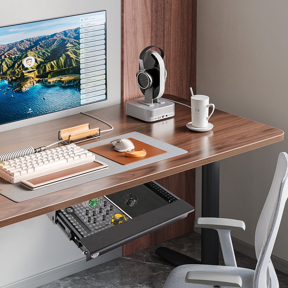 14-Inch Black Modern Sliding Drawer Organizer for Standing Desks