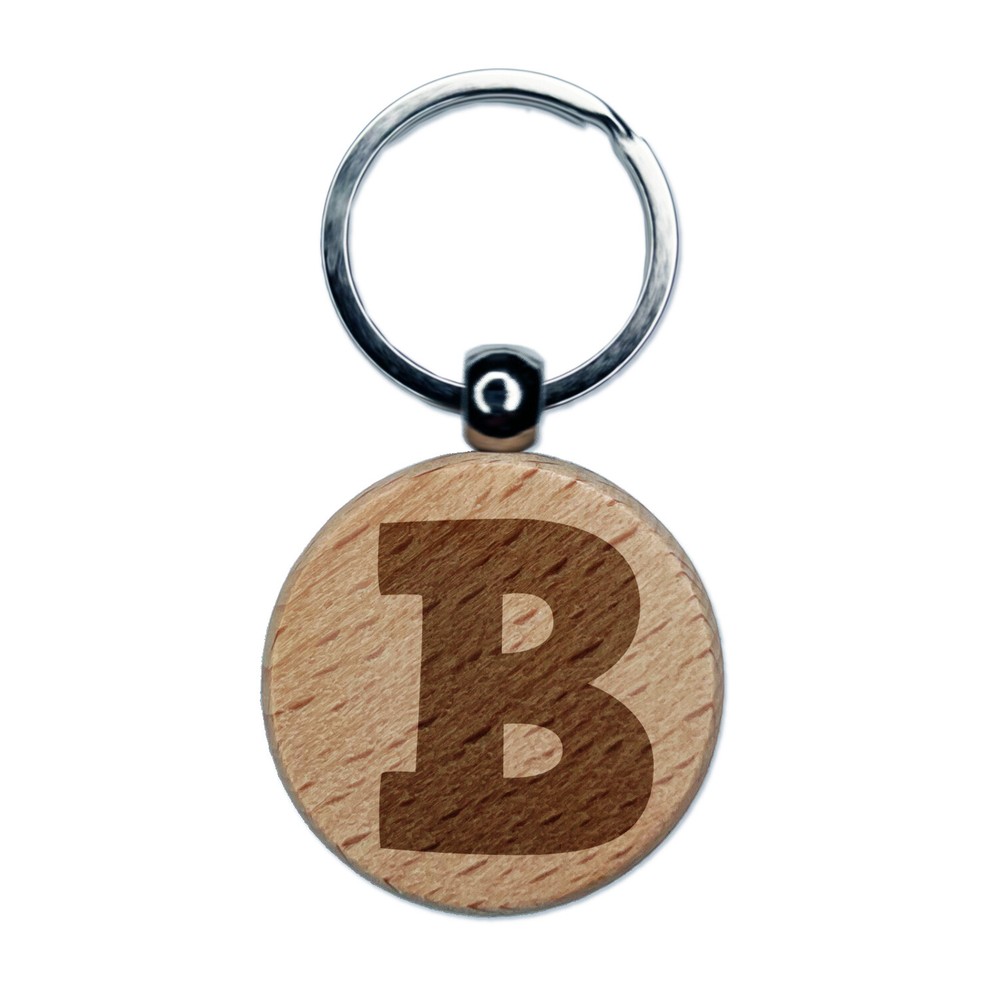 Letter B Uppercase Fun Bold Font Engraved Wood Round Keychain Tag Charm