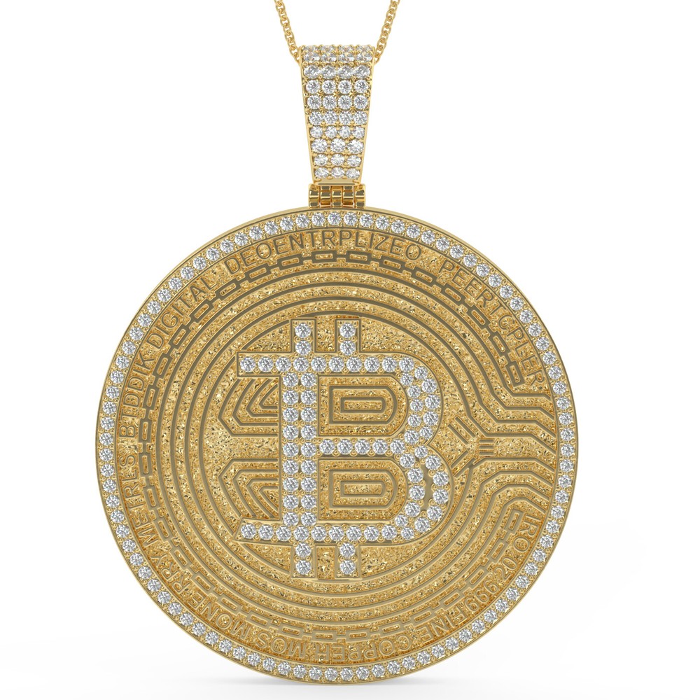 Real Moissanite Diamond Bitcoin Crypto Currency Digital Money 14K Gold Pendant-image