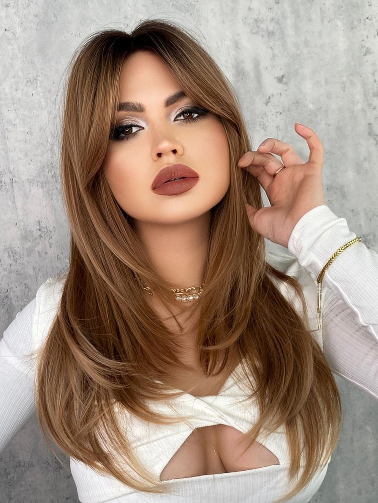 Ombre Brown Layered Wig For Women Long Straight Wigs With Curtain Bangs Wig