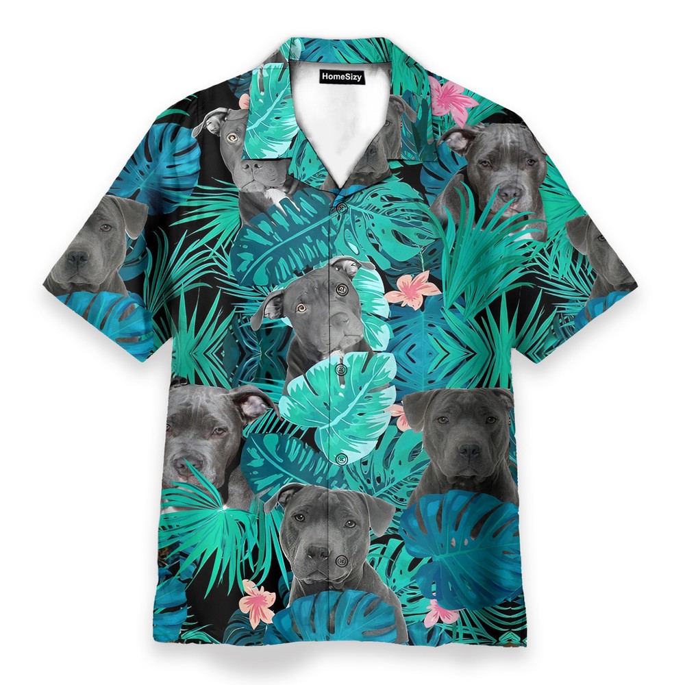 Pitbull Hawaiian Shirt with Tropical Hibiscus Leaf Design