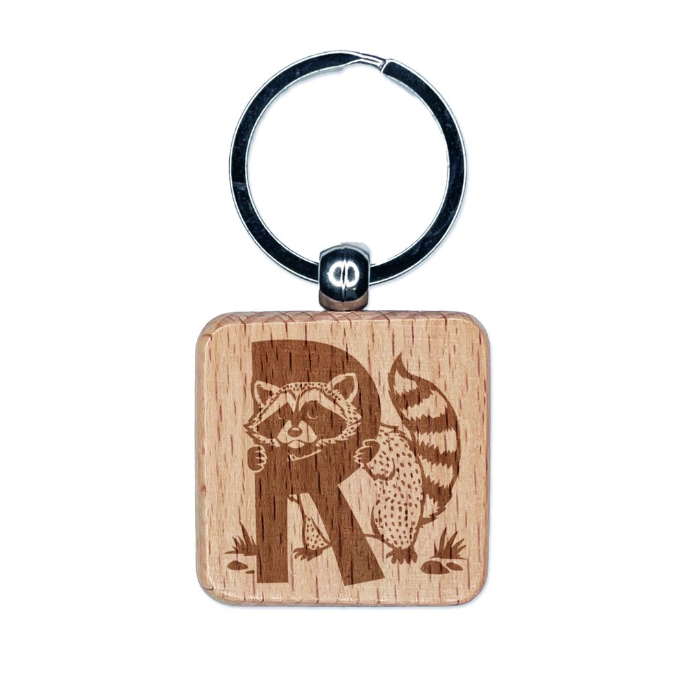 Animal Alphabet Letter R for Raccoon Engraved Wood Square Keychain Tag Charm