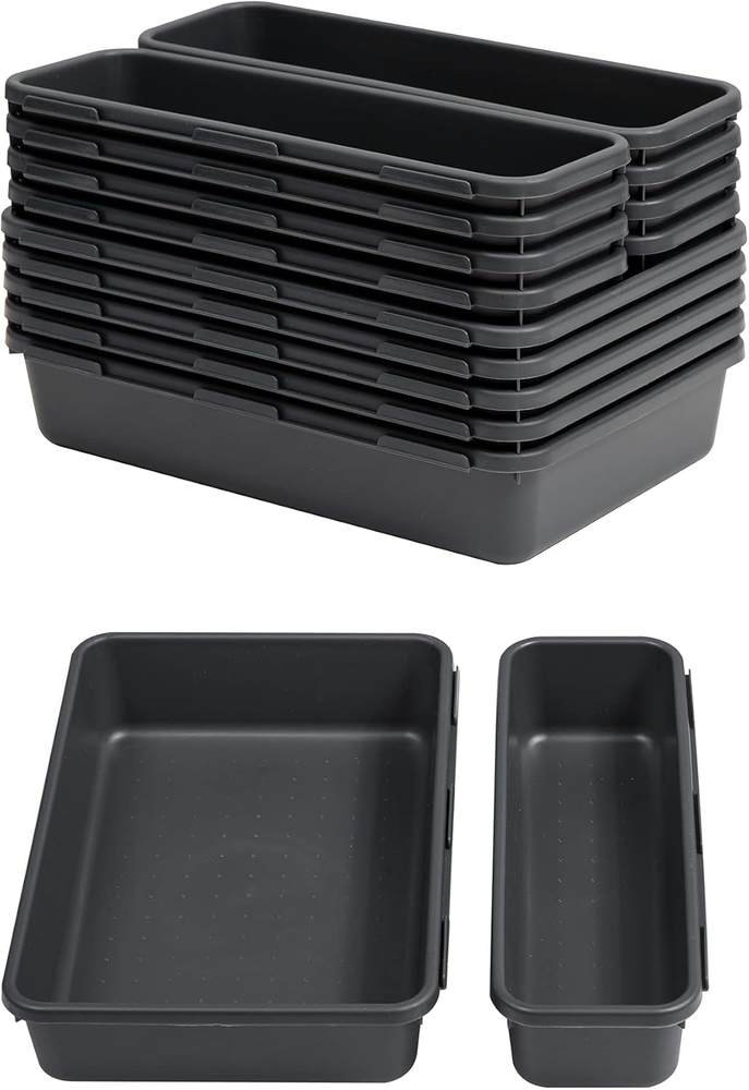 13 PCS Drawer Organizer Tray, Interlocking Office Desk Drawer Storage, Black Pla
