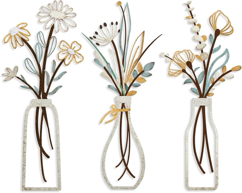 Pigort 3 Pieces Metal Flowers Wall Arts - Rustic Farmhouse Decor Beige Gold