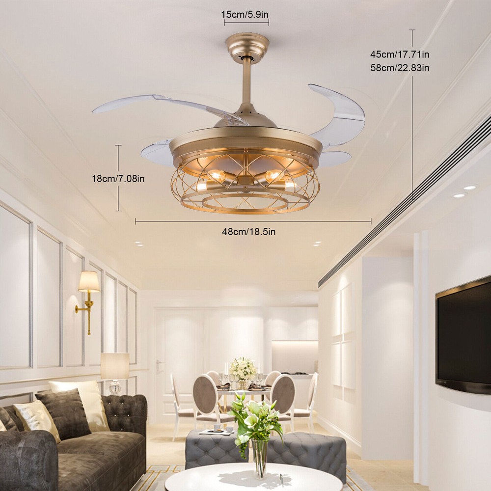 Gold Cage Ceiling Fan with Remote Control - Farmhouse Chandelier Light