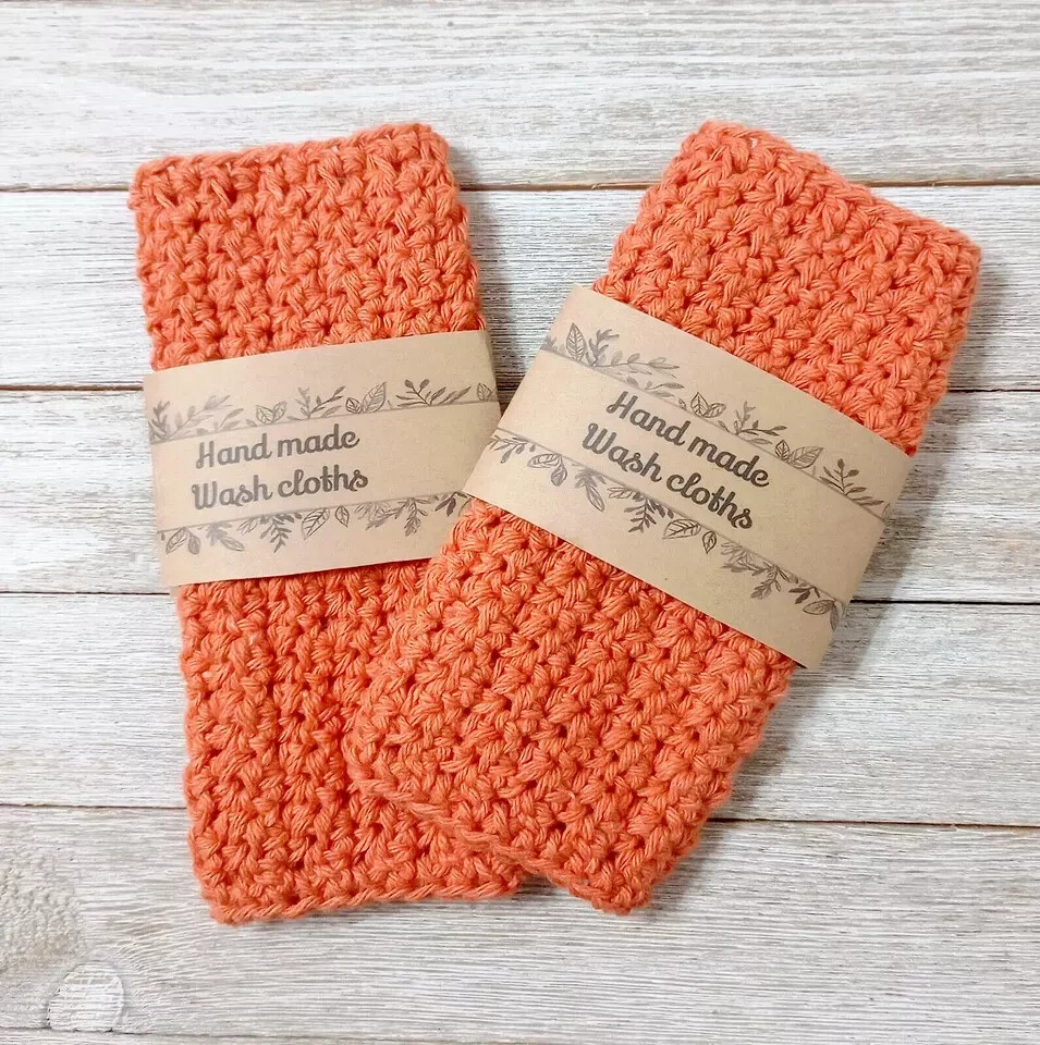 Handmade crochet spa washcloth set reusable tangerine orange 2pc USA