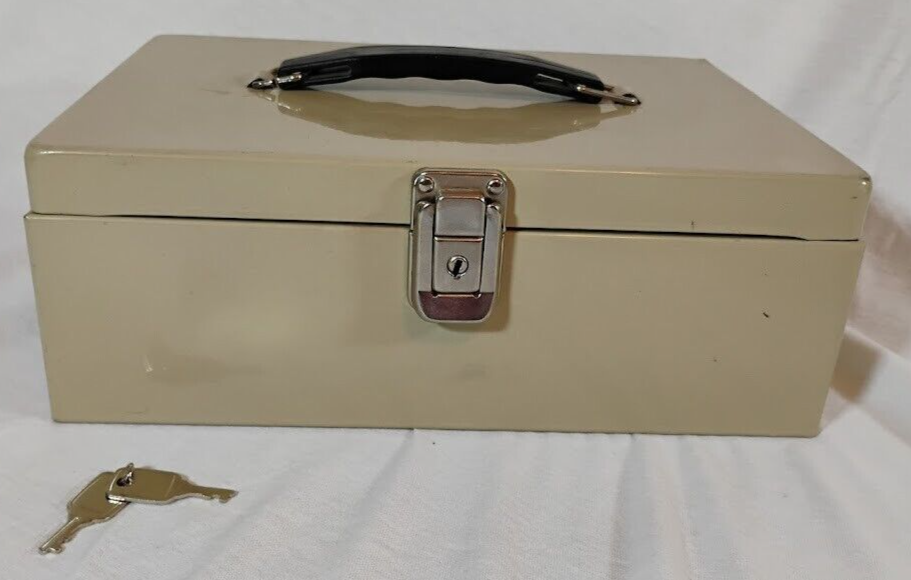 Tan Metal Keyed Lock Security Fire Cash Gun Safe Box w/ Keys Removable Tray