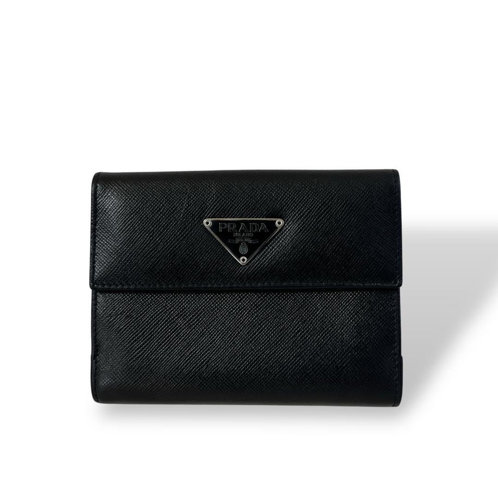 Prada Black Saffiano Leather Bi-Fold Wallet with Triangular Logo