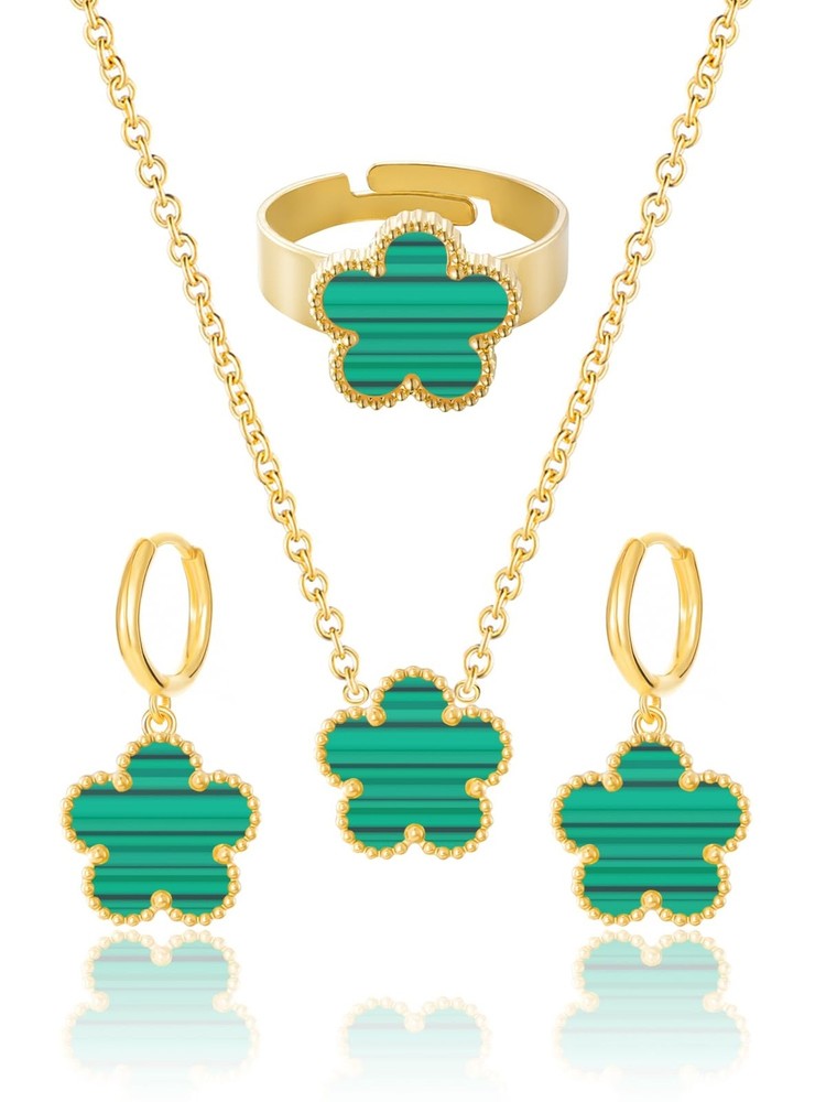 Gold Plated Five Leaf Clover Necklace Rings and Dangle Earrings Set for Women...