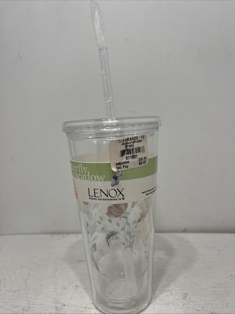 Lenox Plastic  Cold Cup Floral Tumbler With Straw 20 Oz NWT Butterfly Garden