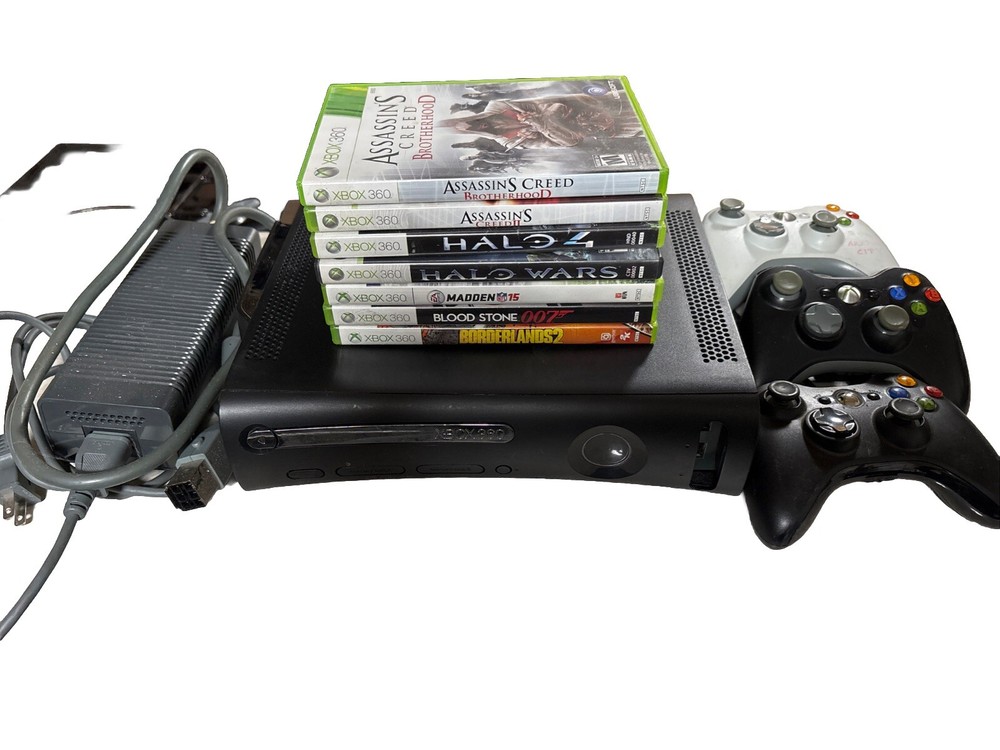 Microsoft Xbox 360 Elite Console & 120GB HDD Lot With Games Halo/Assasins Creed