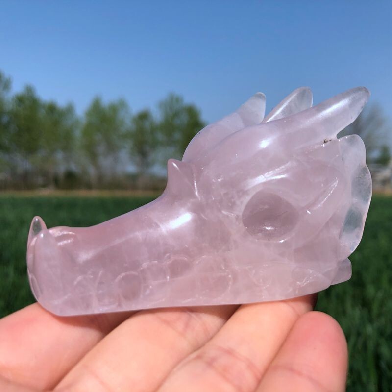 0.33LB Natural pink crystal Quartz hand Carved dragonskull crystal Reiki healing