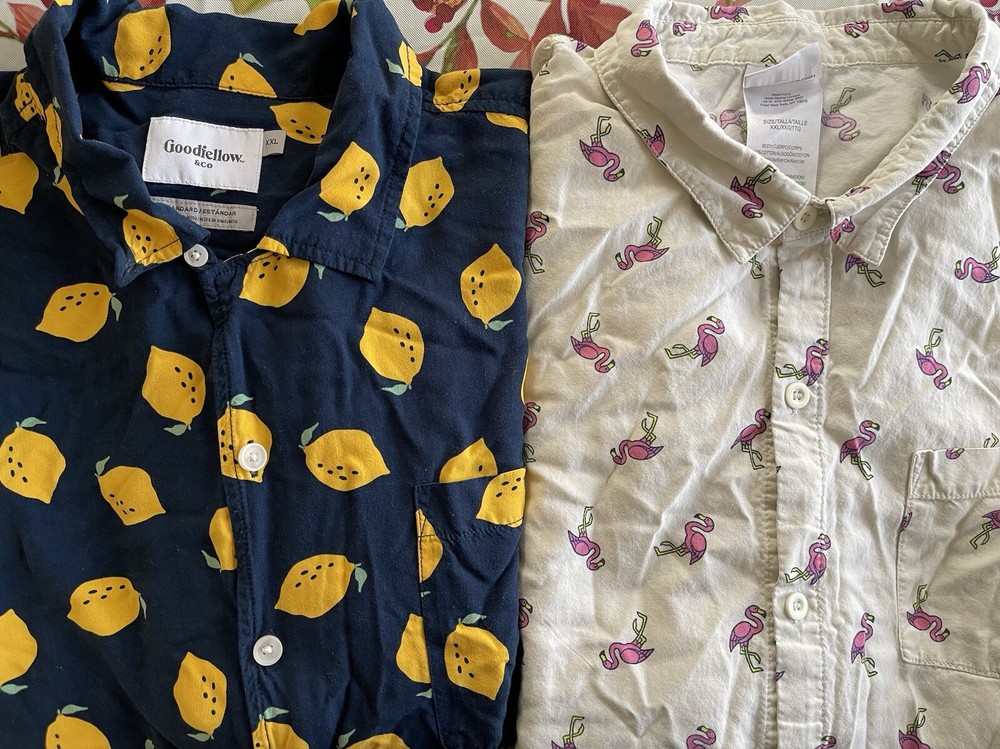 Goodfellow IML Men's Lemon Flamingo Print Button Down Shirts XXL 2XL Lot of 2