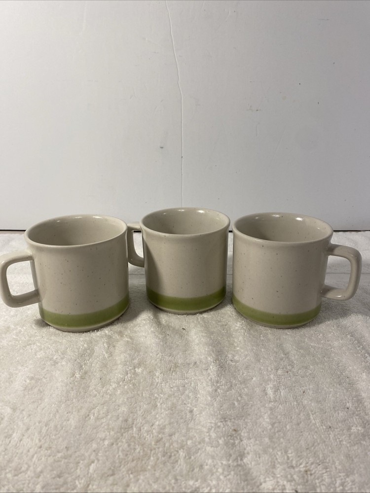 Spring Collection Stoneware Coffee Cup Set Of 3 Speckled & Green Stripe NICE