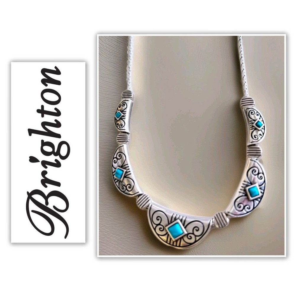 Brighton Primrose Turquoise Silver Collar Chain Necklace Signed Rare NWOT  