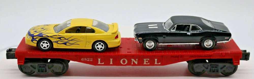 1998 Ford Mustang & 1970 Nova Ertl MTH Lionel O Flat Car 6511 with Road Champs