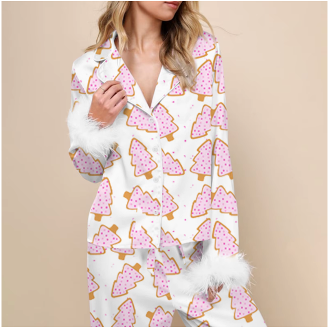 Pink Christmas Tree Satin Pajama Set – Long Sleeve Christmas Theme