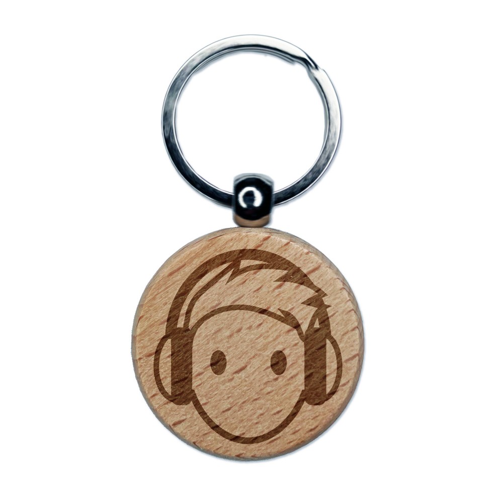 Occupation DJ with Headphones Icon Engraved Wood Round Keychain Tag Charm