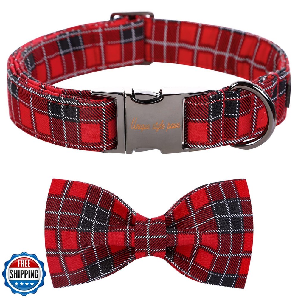 Festive Red Black Grid Christmas Dog Collar with Stylish Bow Tie