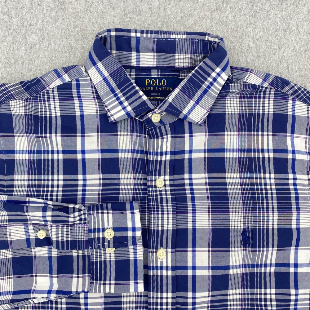Polo Ralph Lauren Performance Shirt Mens Medium Blue Plaid Long Sleeve Button Up