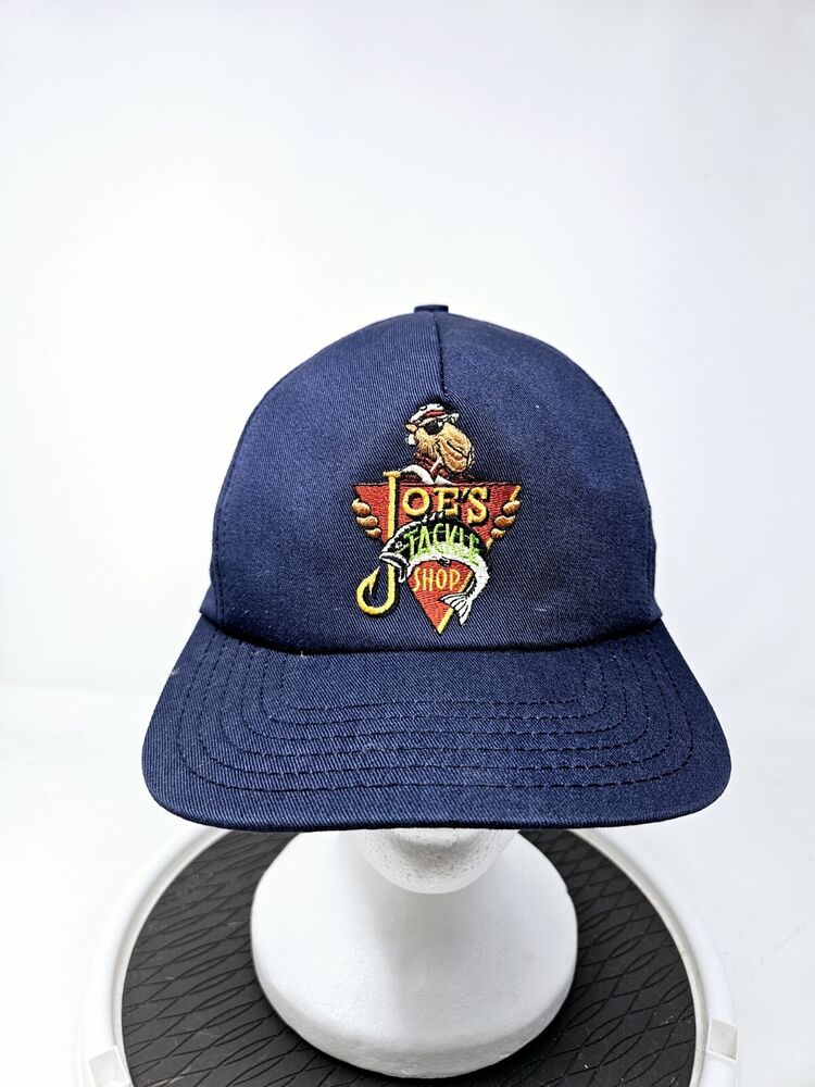 VINTAGE 90s Joe Camel Joes Tackle Shop Fishing Cigarette Snapback Hat Blue USA