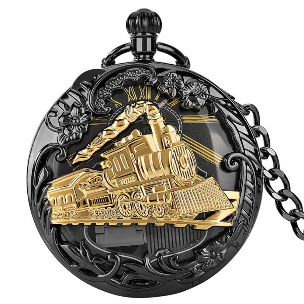 Vintage Train-Inspired Quartz Pocket Watch with Chain - Unique Musical Movement
