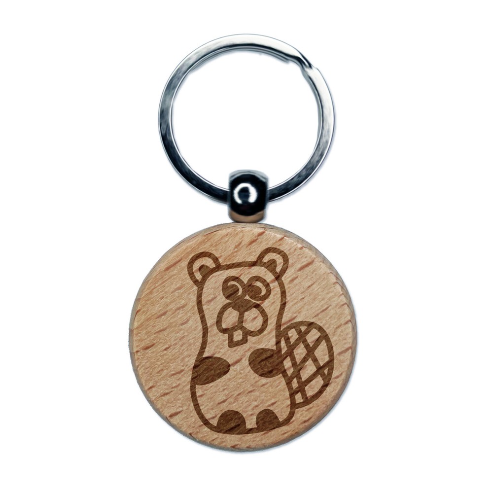 Silly Beaver Wooden Keychain with Doodle Engraving Charm