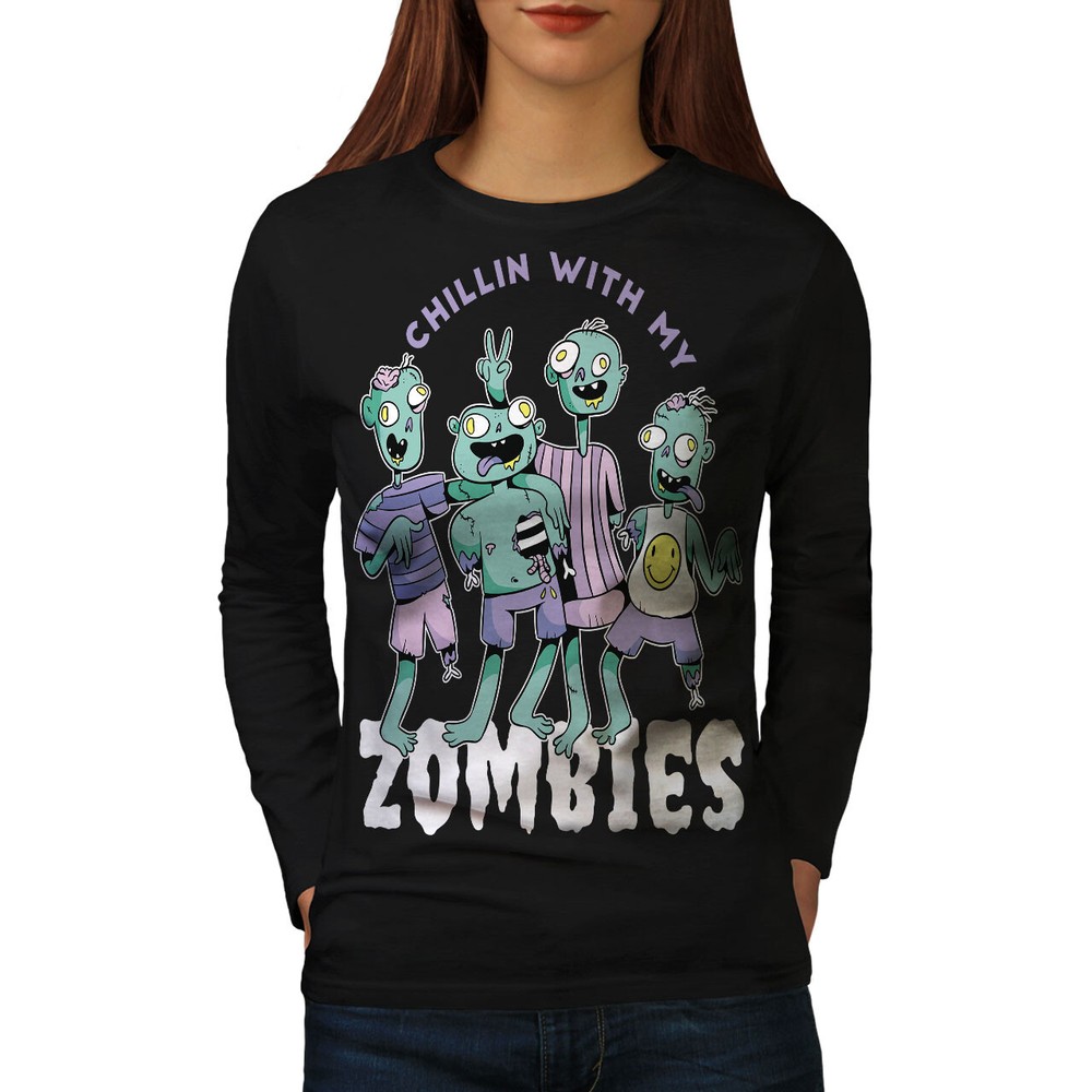 Wellcoda Chillin With My Zombies Funny Cartoon Womens Long Sleeve T-shirt