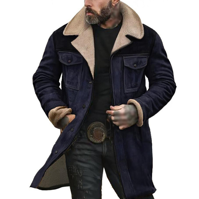Autumn Winter Men's Coat Faux Suede Match Color Jacket Vintage Multi-pocket Coat