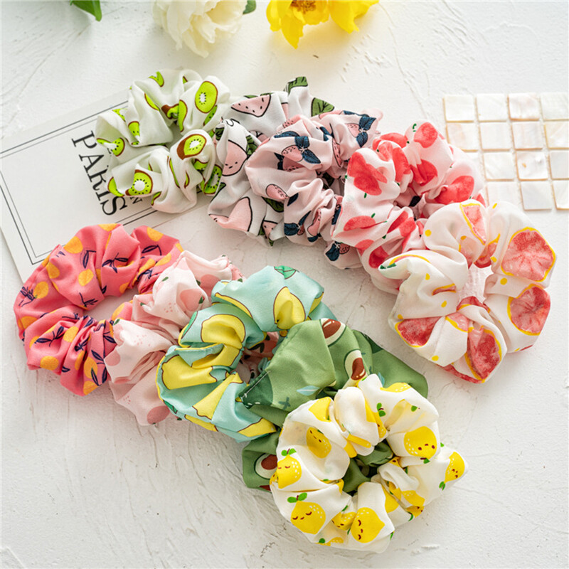 Women Fruit Print Scrunchies Hair Rope Ring Elastic Rubber Band Stretch Headwear
