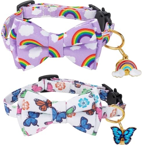 Breakaway Cat Collar with Bow Tie and Bell - 2 Pack Rainbow Butterfly Design