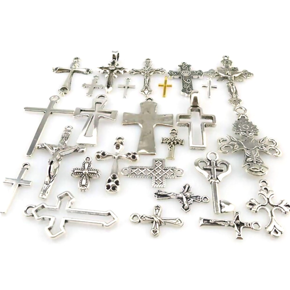 25-Piece Mixed Cross Pendant Set in Antique Silver Tone Alloy for Faith Jewelry