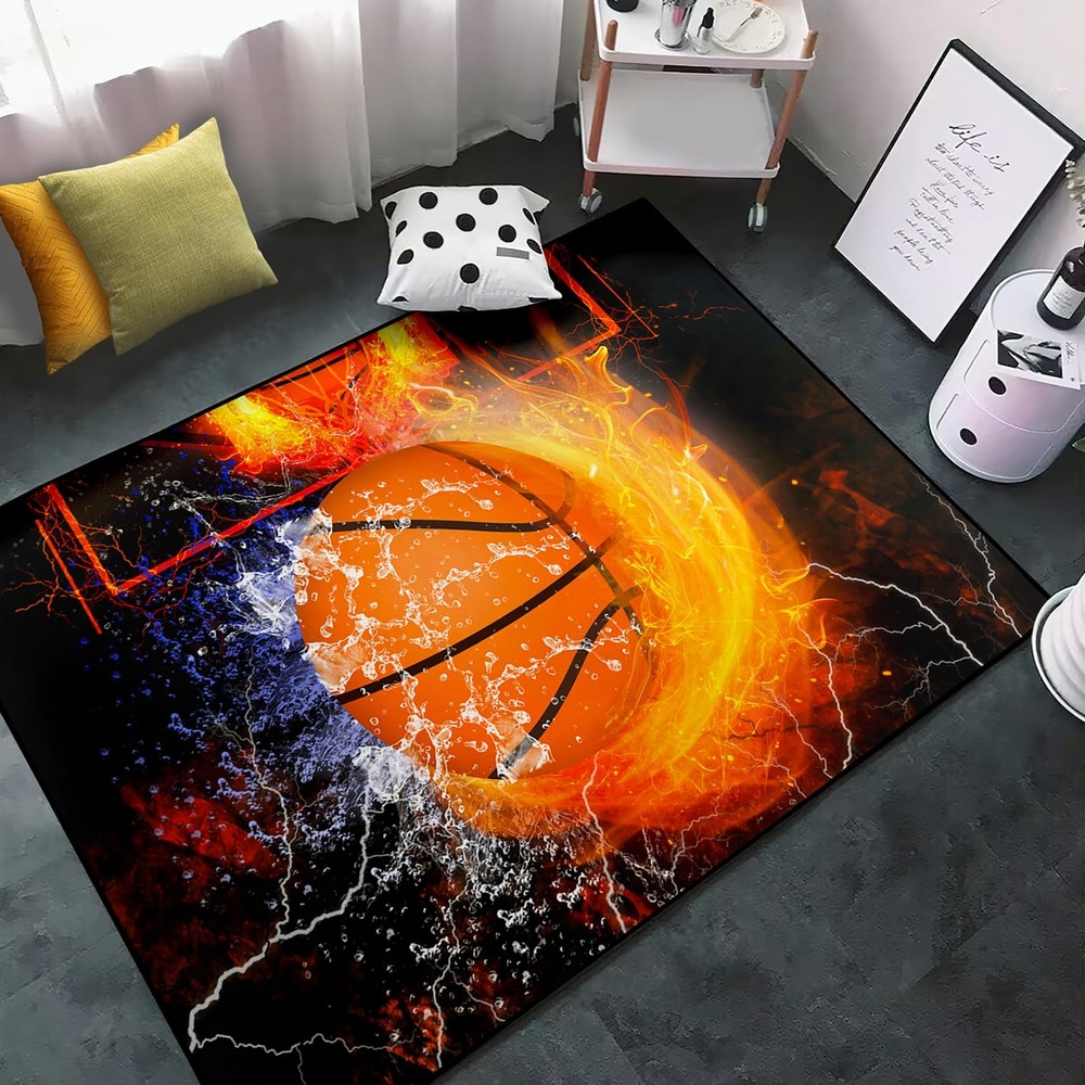 Basketball Rug - Basketball Rug for Boys Bedroom - Sport Rugs - Black Basketb...
