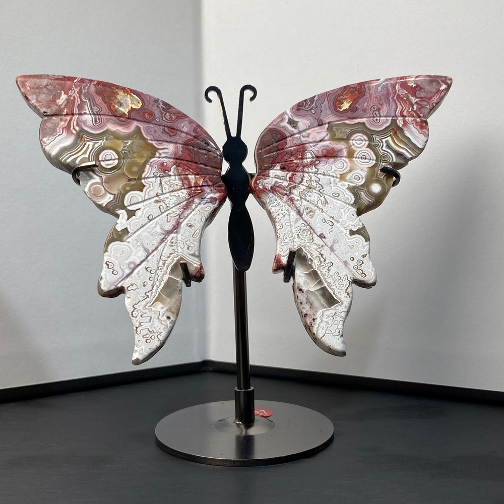 147g-Natural Crazy Agate Crystal Handmade Carving Butterfly+Bracket