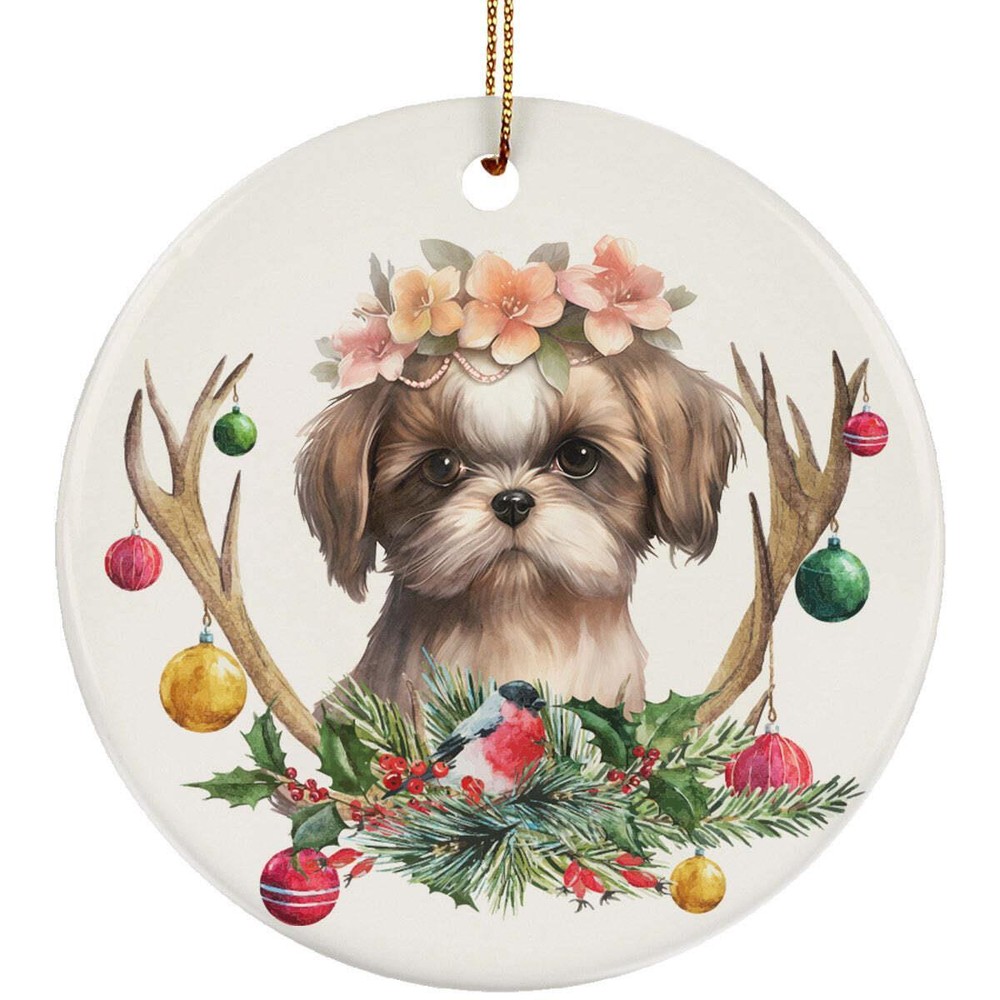 Shih Tzu Puppy Dog With Deer Anlters Christmas 2024 Ornament Ceramic Gift Decor