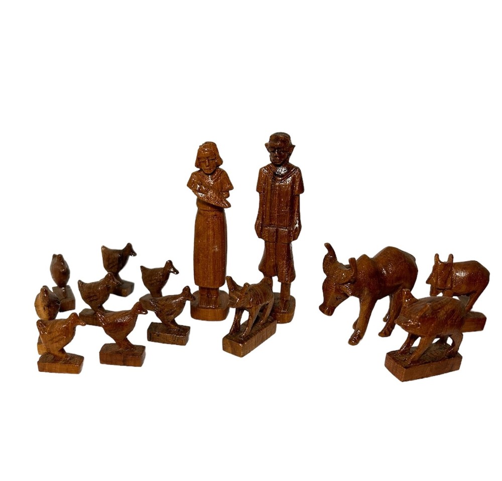 Miniature Wood Farm Animals Farmers Figurines 14 Pieces Hand Carved Waldorf