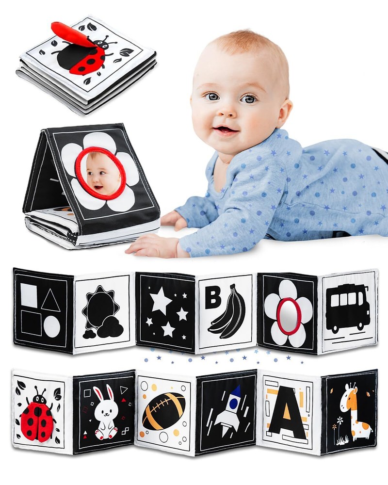 Black & White Baby Toys High Contrast Crinkle Cloth Activity Book Infant Mirr...