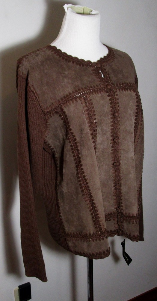 Women's Brown 100% Leather Cardigan Jacket Size M NWT Front Zip Sweater