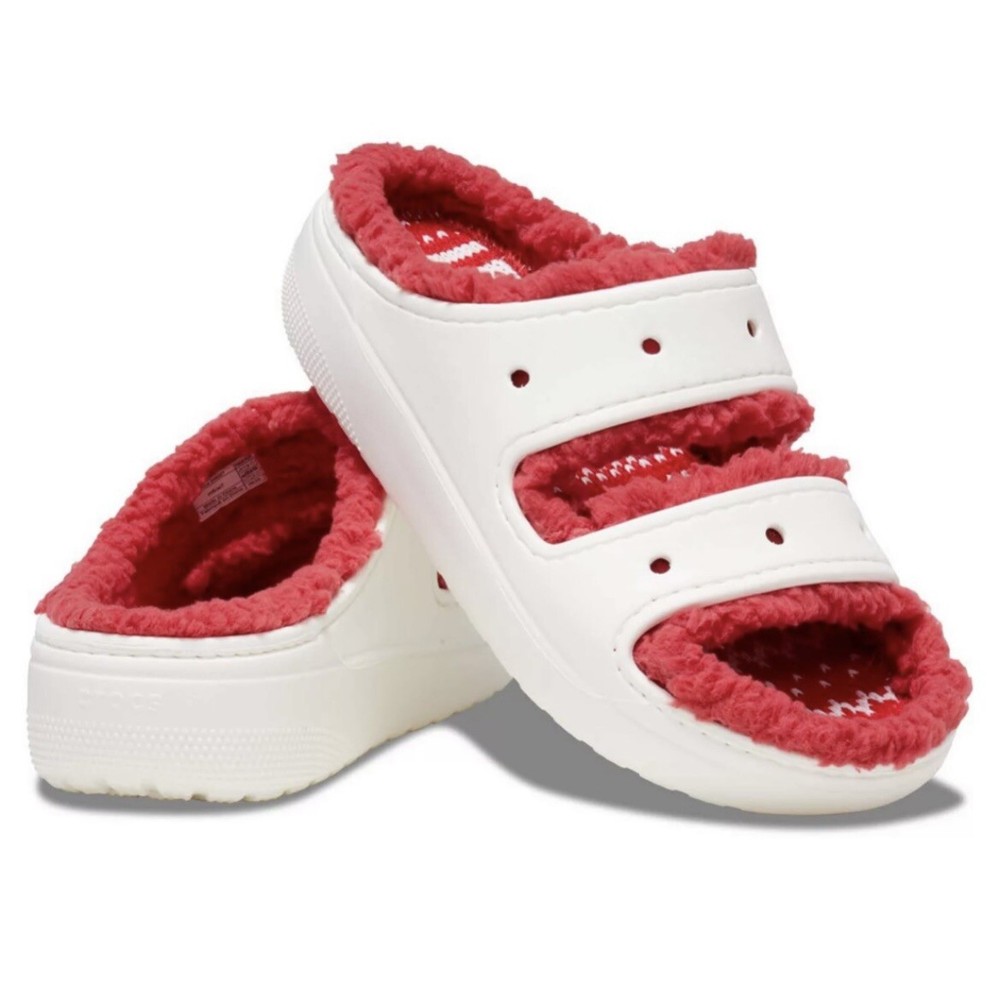 Crocs Classic Cozzzy Platform Fuzzy Sandals Christmas Sweater Mens 9 - Womens 11