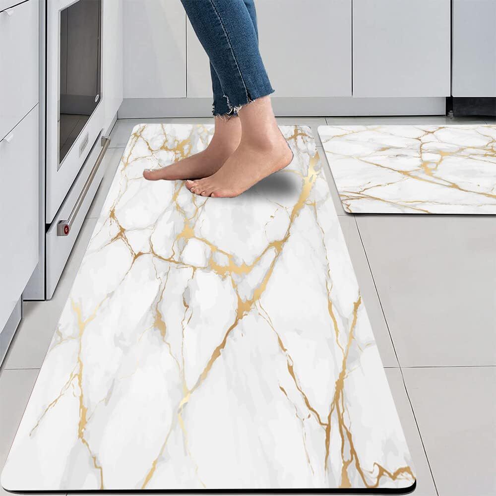 Gold White Marble Kitchen Rugs Cushioned Anti-Fatigue Mats Set of 2