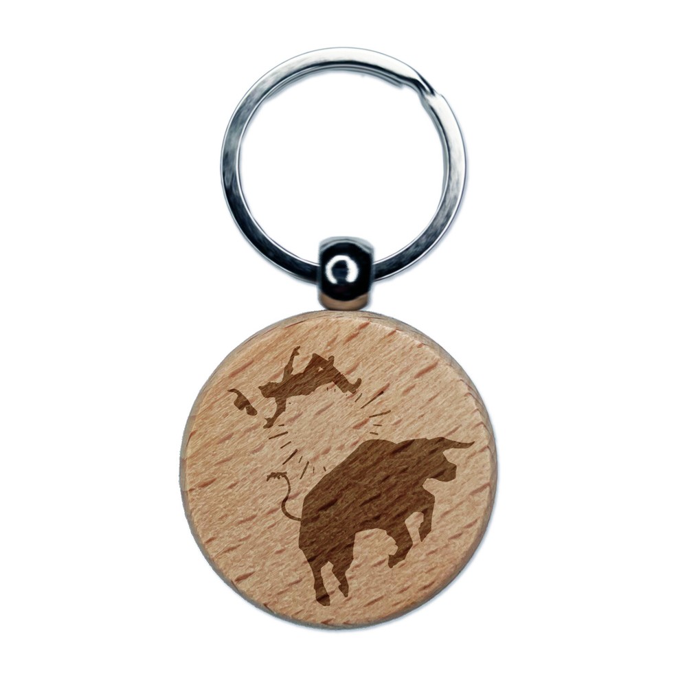 Rodeo Bull Bucking Throwing Cowboy Engraved Wood Round Keychain Tag Charm