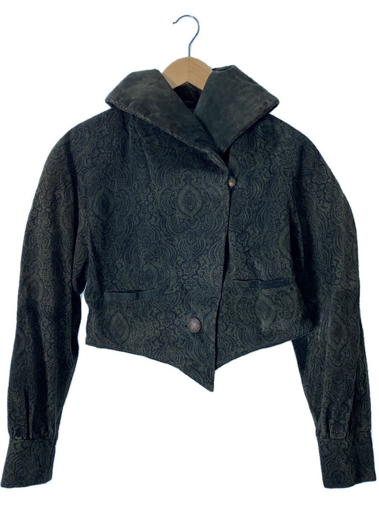 Vintage 80s Green Leather Blouson Jacket with All-Over Pattern Size 38