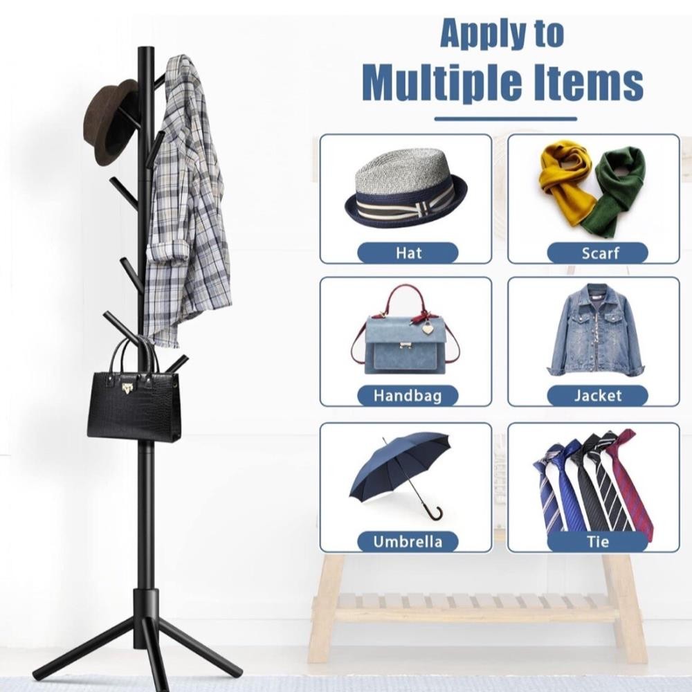 Wooden Coat Rack Stand Free Standing Tree Clothes Hanger Hat Coat Rack 8 Hooks )